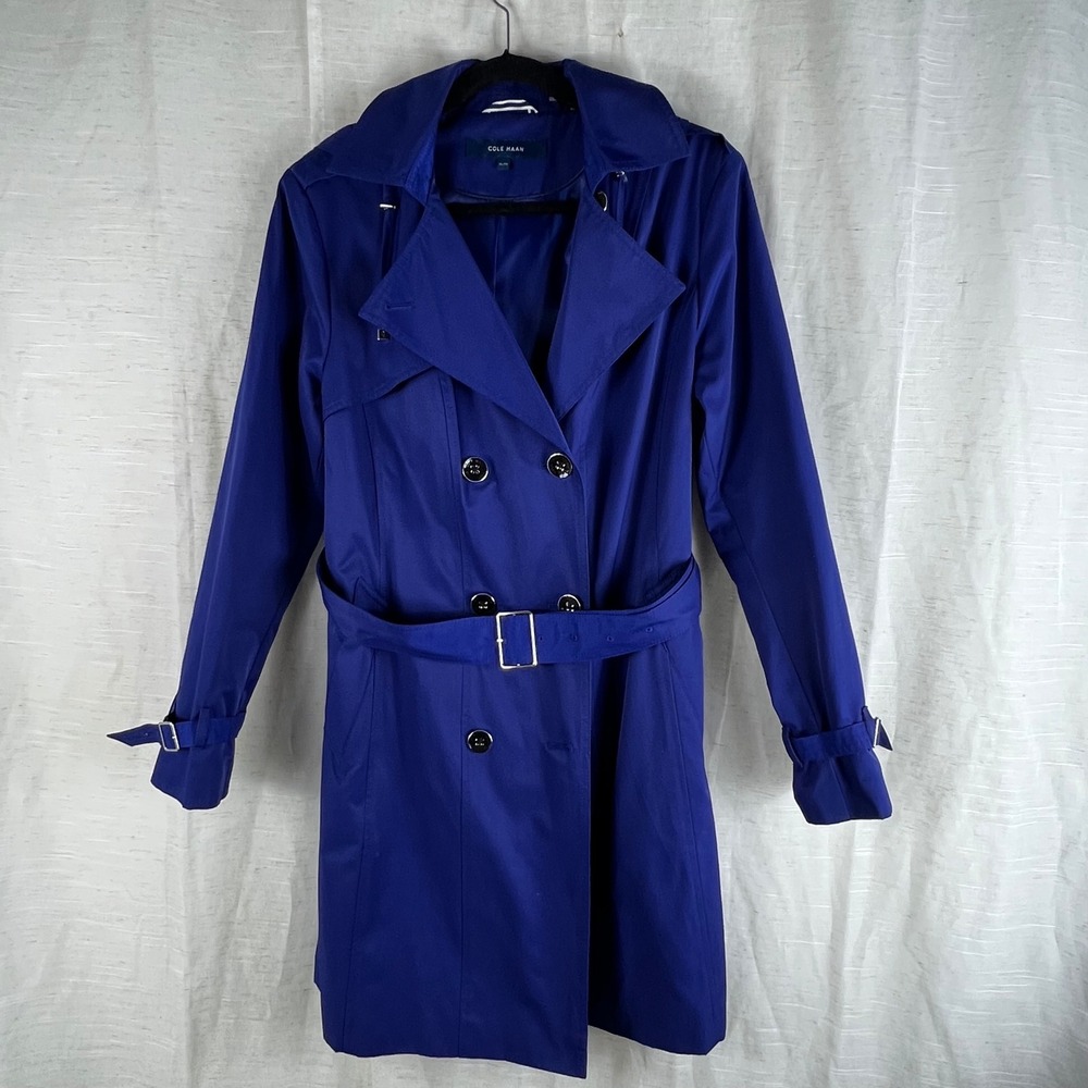 Cole Haan NWOT Cobalt Blue Double Breasted Belted Trench Coat with Hood Women XL